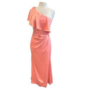 Theia One-Shoulder Coral Maxi Dress W/Ruffle Detail Womens Size 8 Polyester Blen